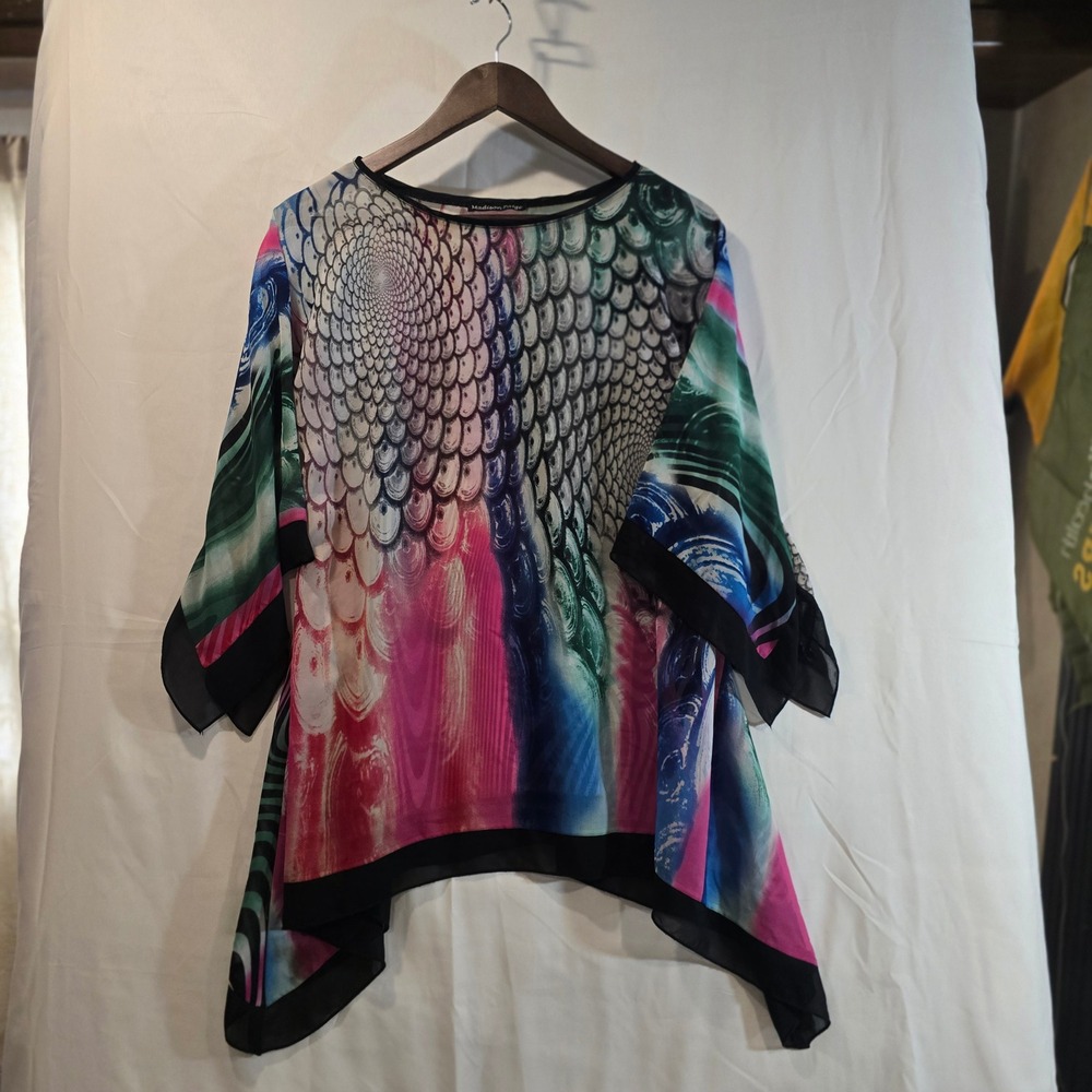 Madison Paige Kaleidoscope Print Sheer Tunic Top Kimono Sleeve Black Trim Size S